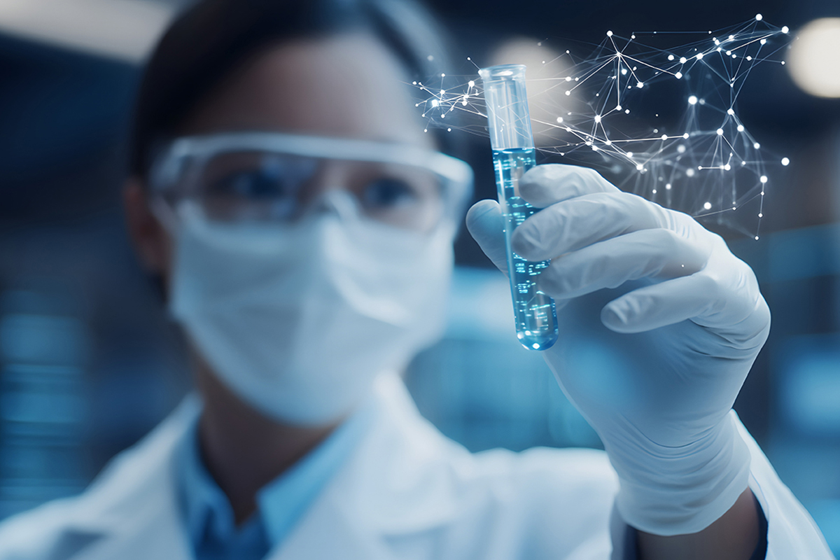 Profesional en laboratorio realizando análisis con tubo de ensa